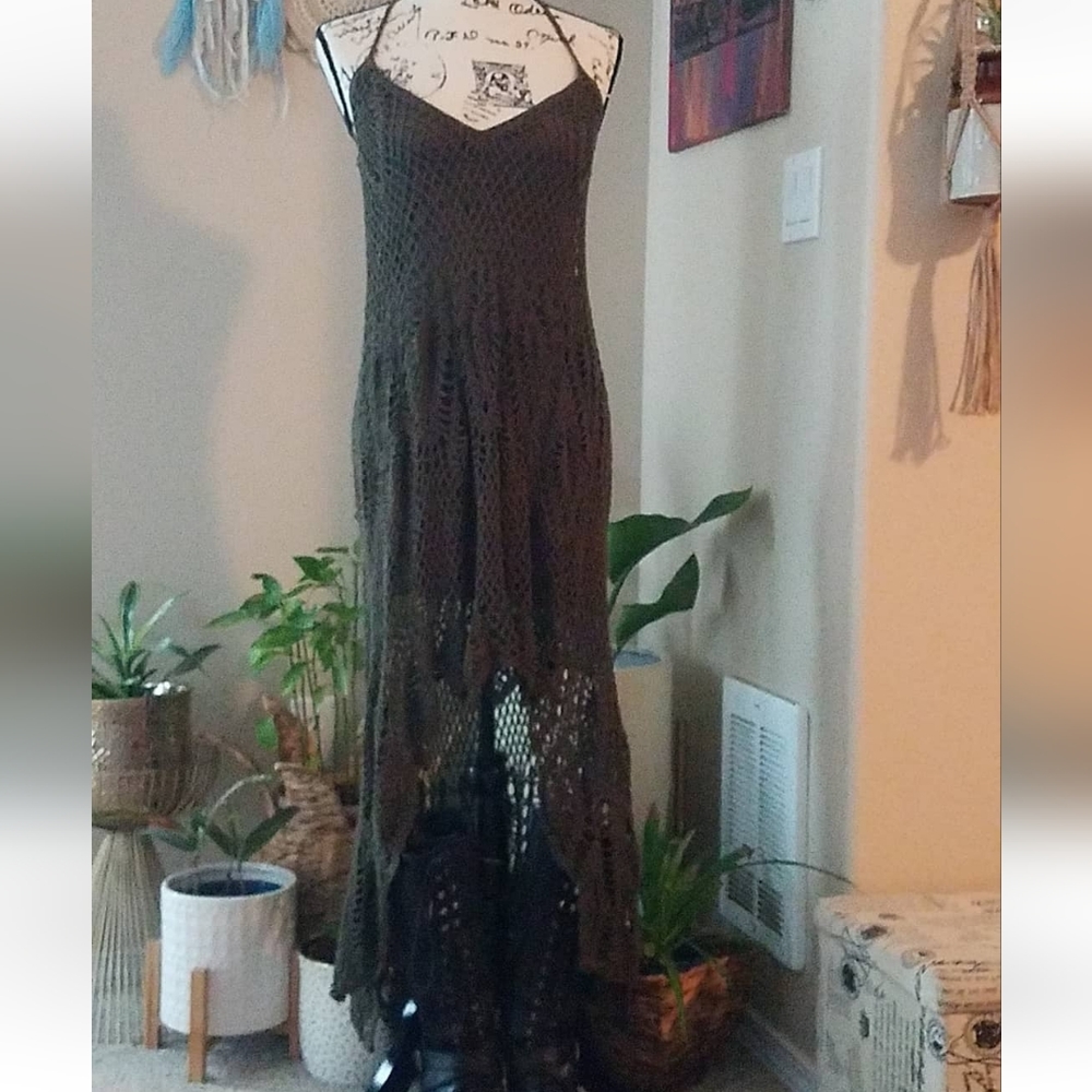 Free People dark army green crochet dress